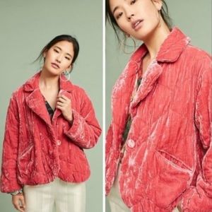 Coral Anthropologie Quilted Velvet Puffer Jacket XL